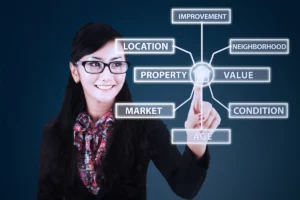 Woman Pointing At A Screen Of Real Estate Topics