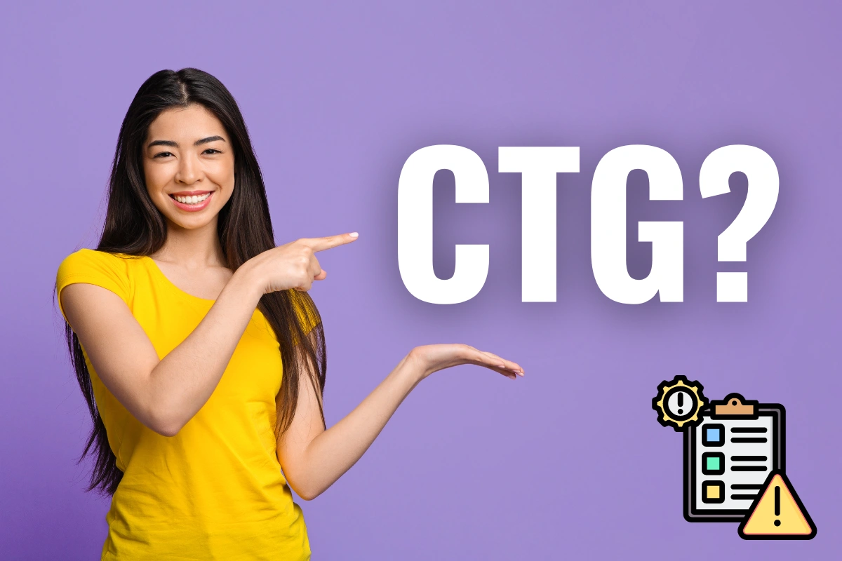 Woman pointing to the abbreviation "CTG" on purple background.