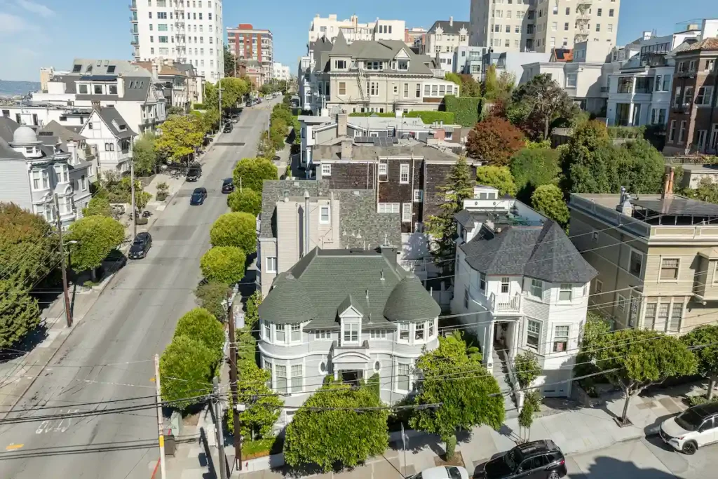 drone shot of the "Mrs. Doubtfire House"