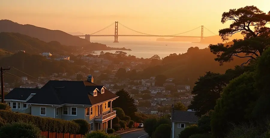 Berkeley Hills homes overlooking the San Francisco Bay at golden hour