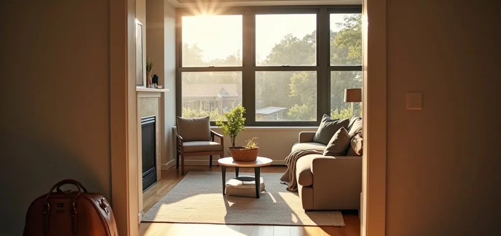 Sunlit modern vacation rental living room with welcome basket and luggage by the front door