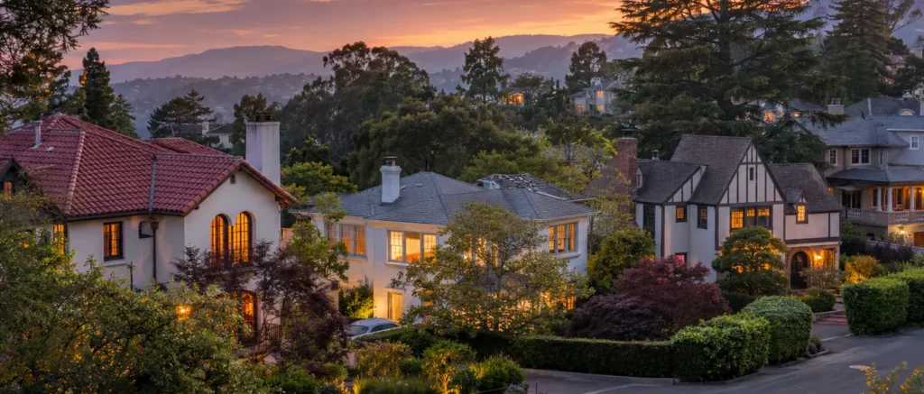 A suburban neighborhood in the city of Piedmont, California at sunset